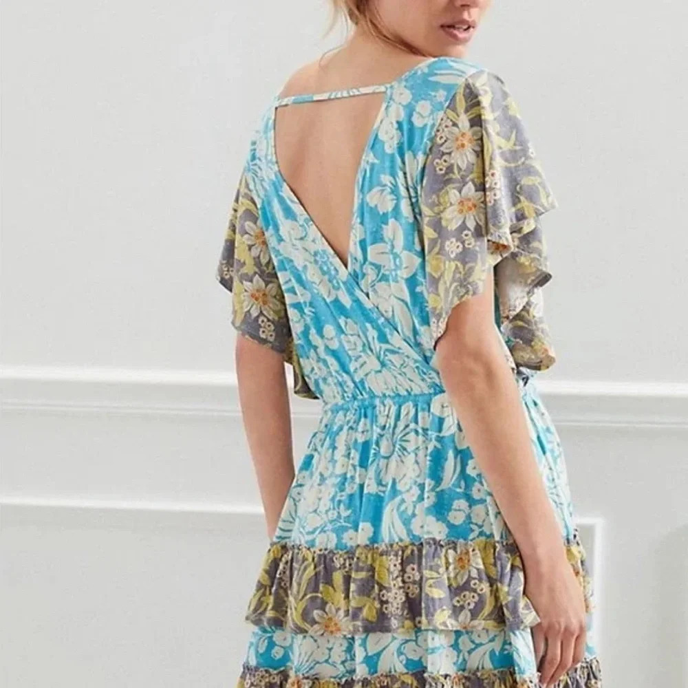 Anthropologie Turquoise Floral Daily Practice Tiered Ruffle Mini Dress Floral - Picture 2 of 9